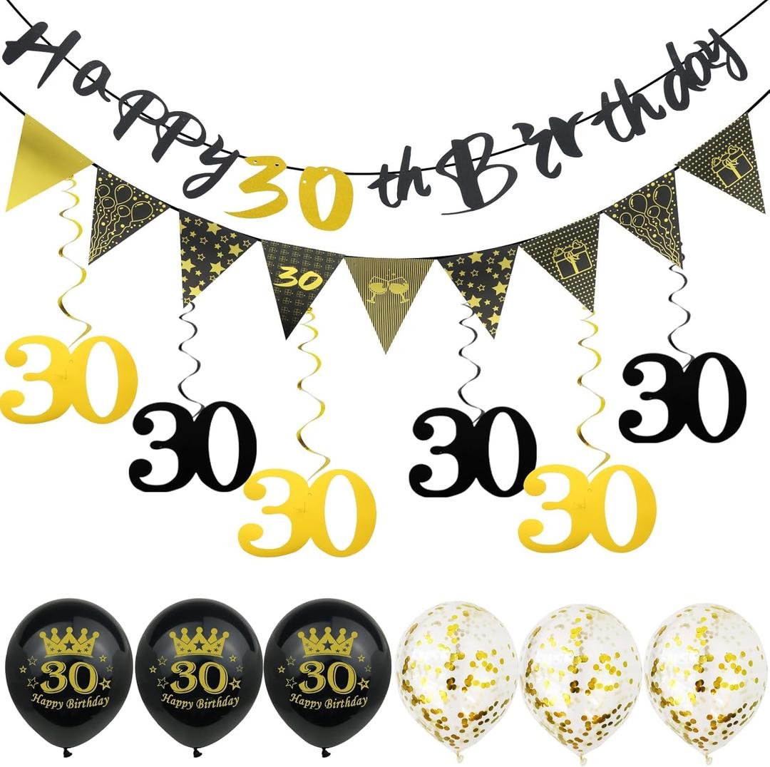 Black Gold 30th Birthday Decorations  Over the hill 30 Birthday Decor Happy 30th Birthday Party Supplies Set with 30 Party Banner, Hanging Swirls, Balloons for Men Women Cheer to 30 Years