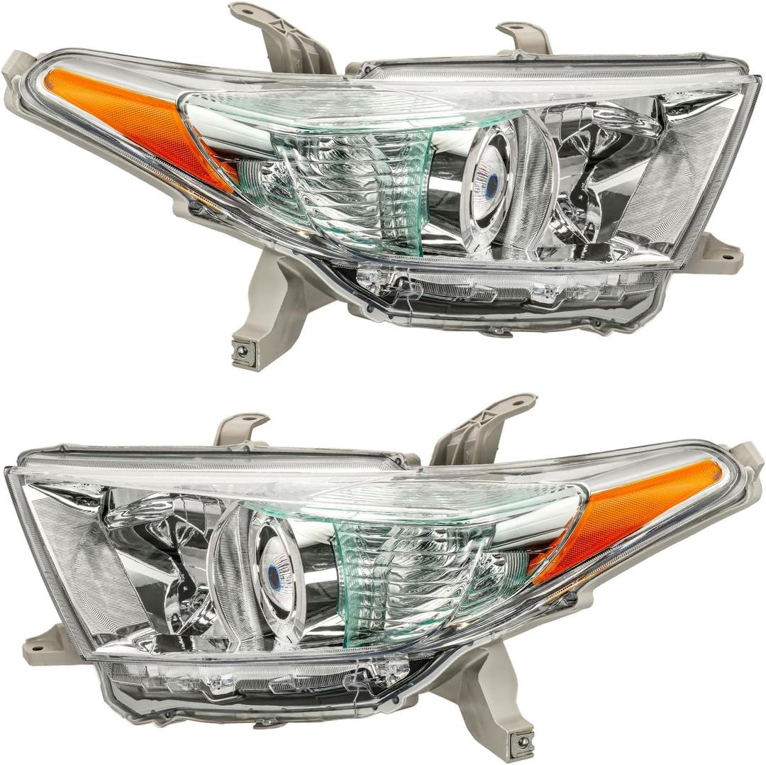 KAX Headlight Assembly, Chrome Housing Fit for Highlander 2011-2013 Amber Reflector a Pair