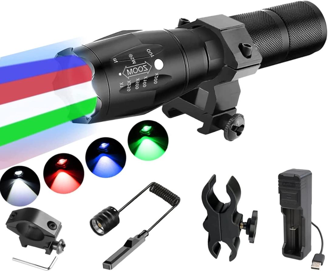 4 Color in 1 RGBW Lights LED Hunting Flashlighs,Tactical Flash Light with Universal Picatinny Rail Mount 1500 Lumen Predator Lights with Interchangeable Remote Pressure Switch for Night Hunting