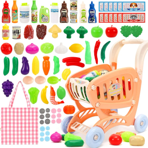 Tagitary Shopping Cart Toy for Kids,82 PCS Toddler Play Grocery Cart with Shopping Bag,Included Pretend Plastic Food Veggies,Play Money Cash and Coins, Learning Toys Play Kitchen Accessories for Kids