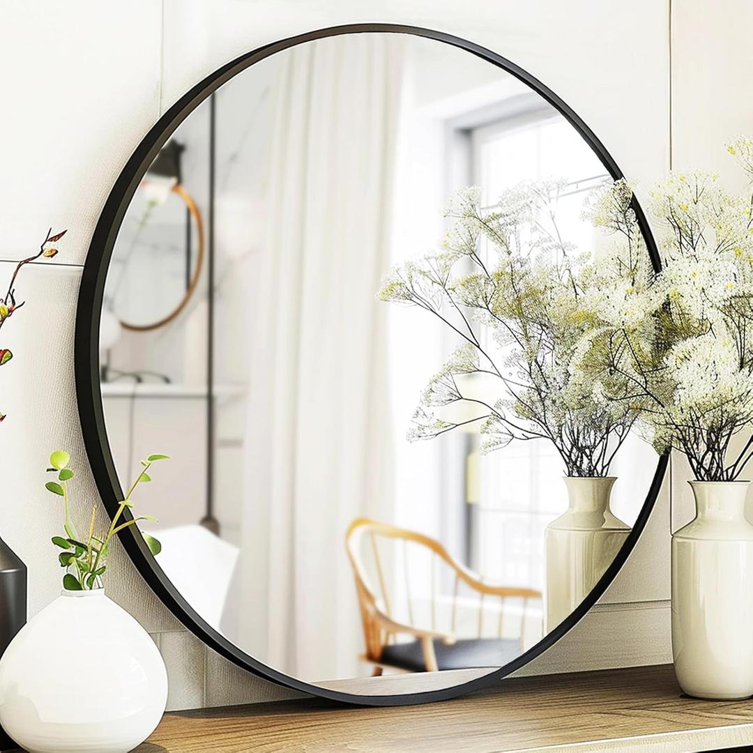 Black Round Mirror, Round Mirror 24 inch, Black Circle Mirrors Metal Frame, Wall Mounted Mirrors for Living Room, Bathroom, Wall, Entryway, Rustic. (24"L x 24"W)