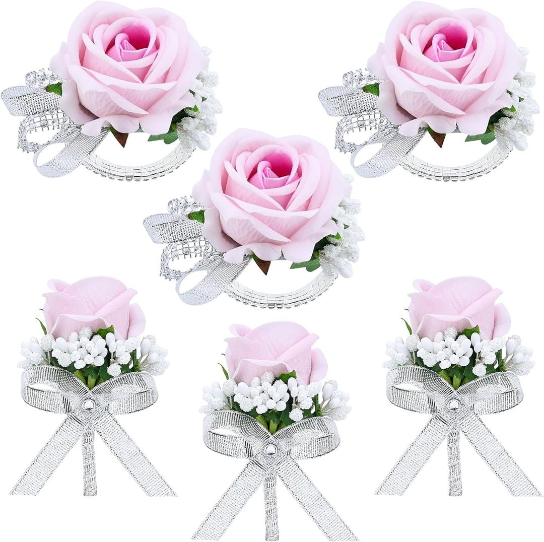6Pcs Light Pink Corsage and Boutonniere Set, Artificial Rose Wrist Corsage Bracelets, Men Boutonniere for Wedding Decorations Prom Anniversary Party Suit Flower Accessories