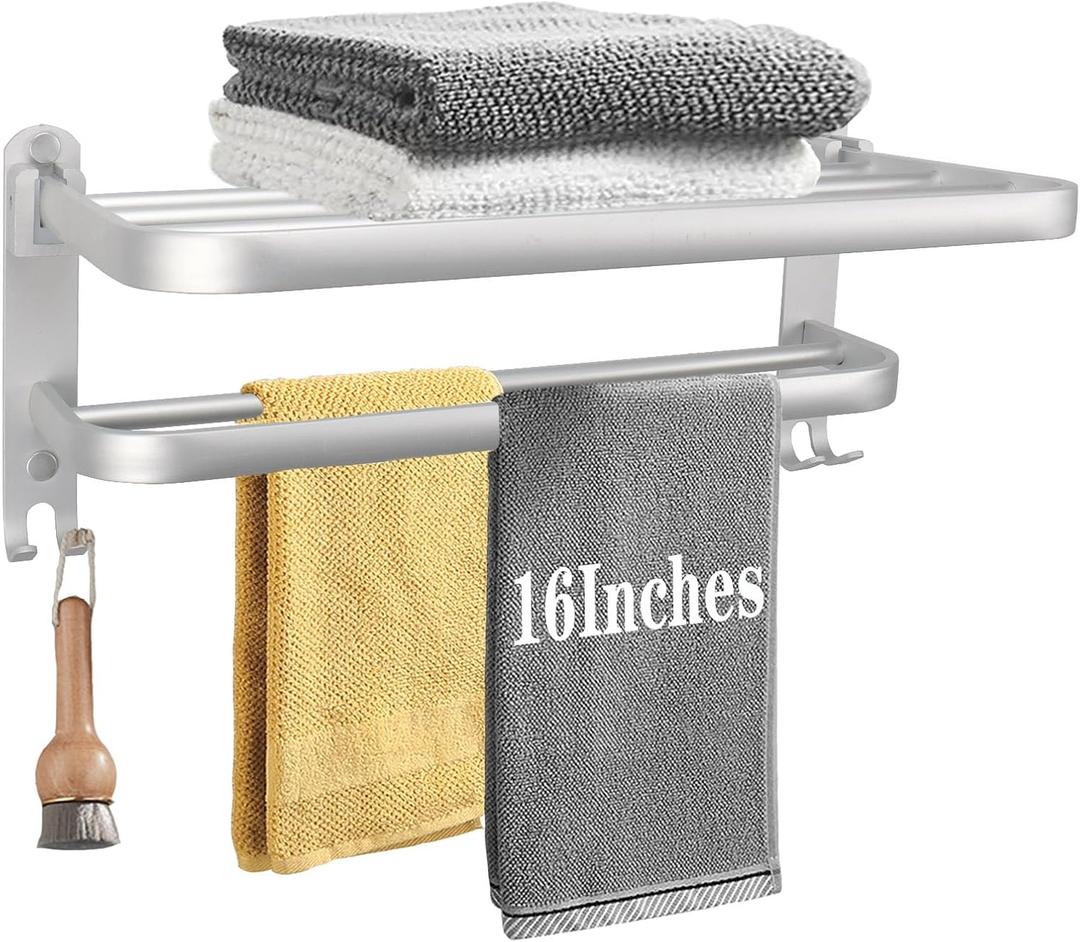 Towel Rack for Bathroom, Bath Towel Holder with Double Towel Bar and Fold-able Towel Shelf, Rustproof Towel Organizer Wall Mounted Towel Storage Hanger for Bath/Balcony/Lavatory(16In Sliver)