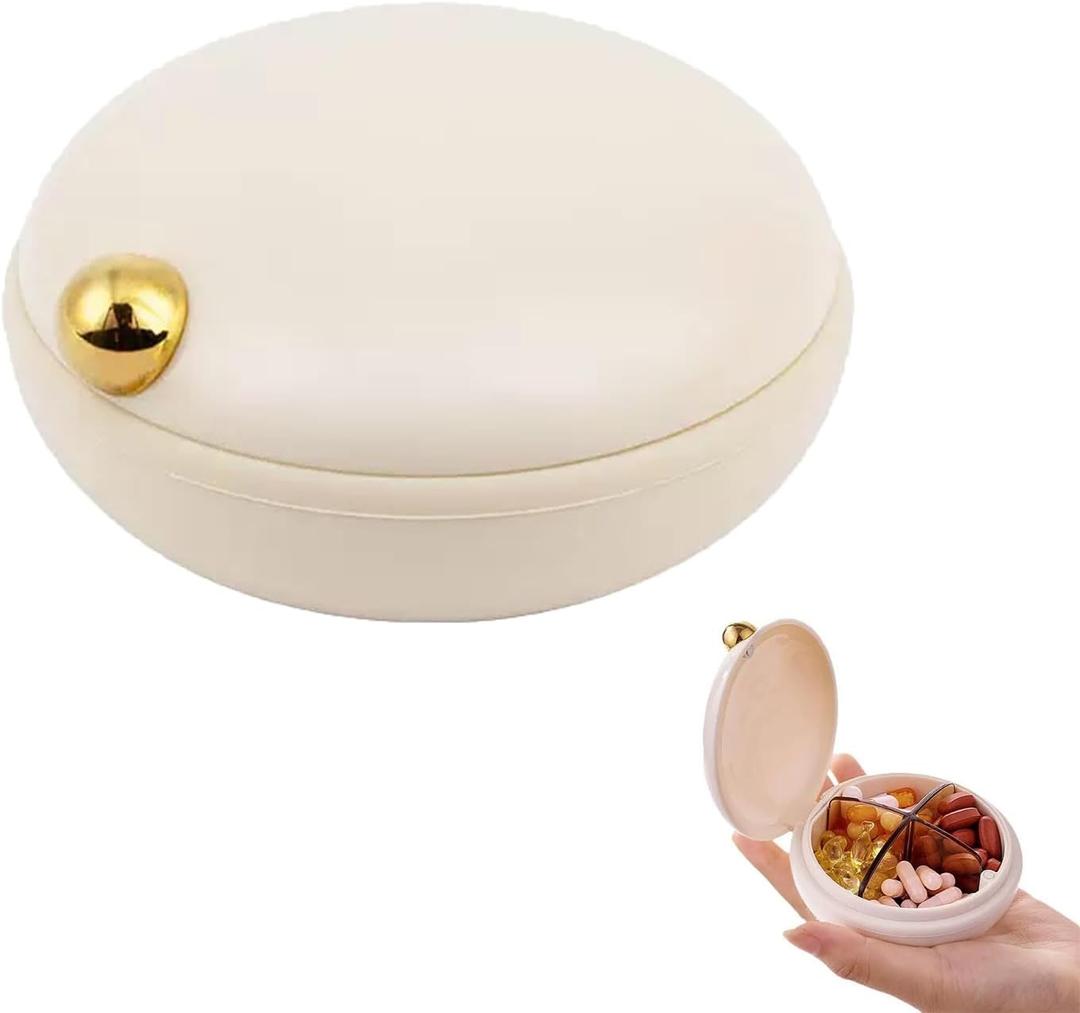 Cute Pill Holder for Purse, Daily Pill Organizer 4 Times a Day, Pill Travel Case, Portable Round Daily Pill Case Dispenser Organizer Containers (Beige)