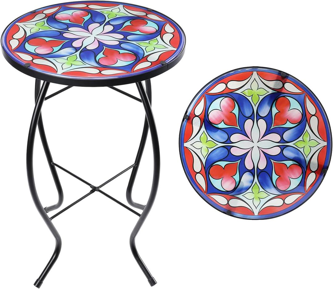 MUMTOP Side Patio Tables-Mosaic Outdoor Side Table - 14 Symmetrical Pattern Glass Accent Round End Table, Plant Stand Indoor Small Coffee Table for Garden or Living Room Decor (Blue Flower)