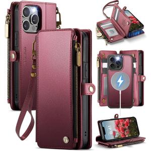 Defencase for iPhone 15 Pro Max Magnetic Wallet Case Compatible with Magsafe with RFID Blocking Zipper Strap Card Holder for Women, PU Leather Detachable Case for iPhone 15 Pro Max (6.7"), Wine Red