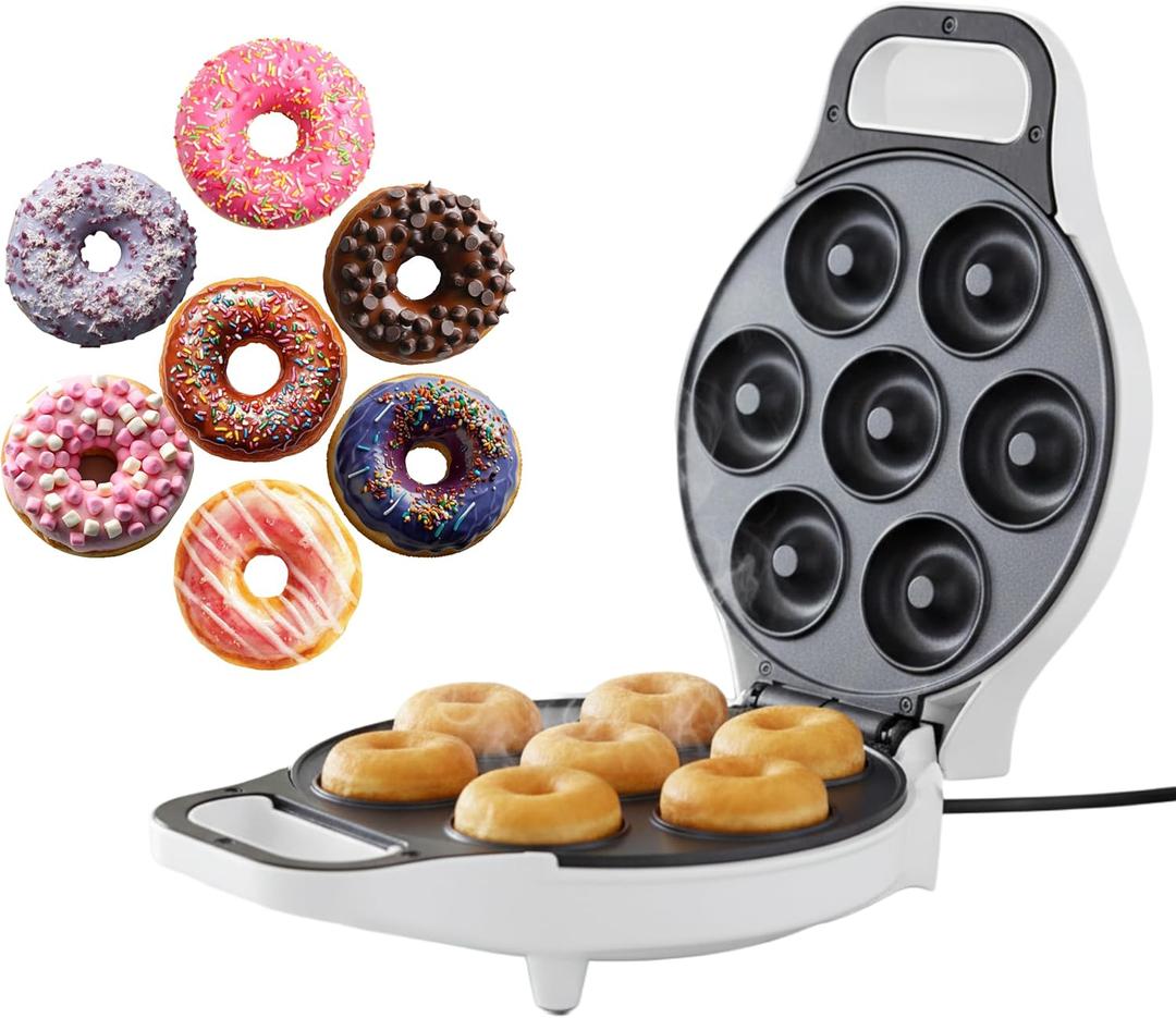 Mini Donut Maker, Durable, Nonstick Easy to Use Mini Baking Machine - Cooks 7 Mini Doughnuts at a Time - Glazed, Frosted with Sprinkles, Nuts, or Vegan Donuts, & More (White)