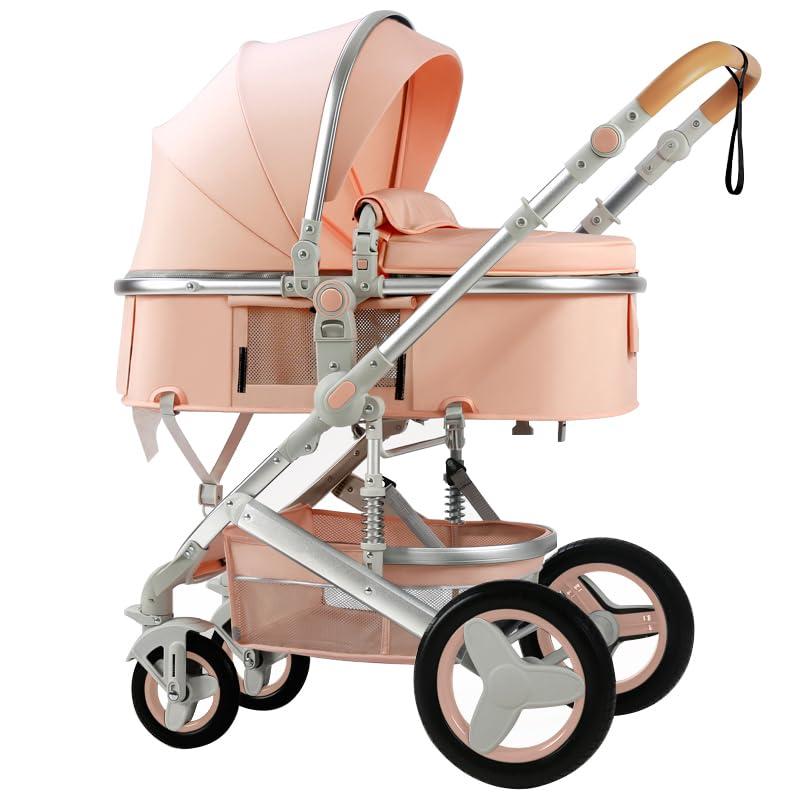 Luxury Baby Stroller 2 in 1 with Bassinet Mode Foldable Infant Stroller High Landscape Reversible Stroller Travel Pram Baby Carriage (Pink)