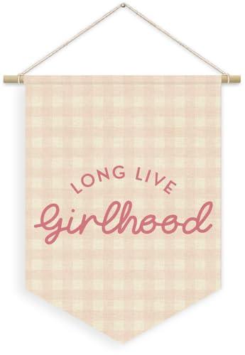 XYDEG Toddler Girls Room Nursery Wall Decor, Long Live Girlhood Linen Canvas Banner, Pink Checkered Girly Wall Hanging Pennant Flag Banner for Girls KidsBedroom Wall Art, 15x11in