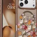 DOMAVER for iPhone 17 Pro Case, Magnetic Phone Case iPhone 17 Pro [Compatible with MagSafe] Slim Fit Flowers Floral Design Shockproof Protective Bumper Women Men Girls Boys Cover, Spring-Brown