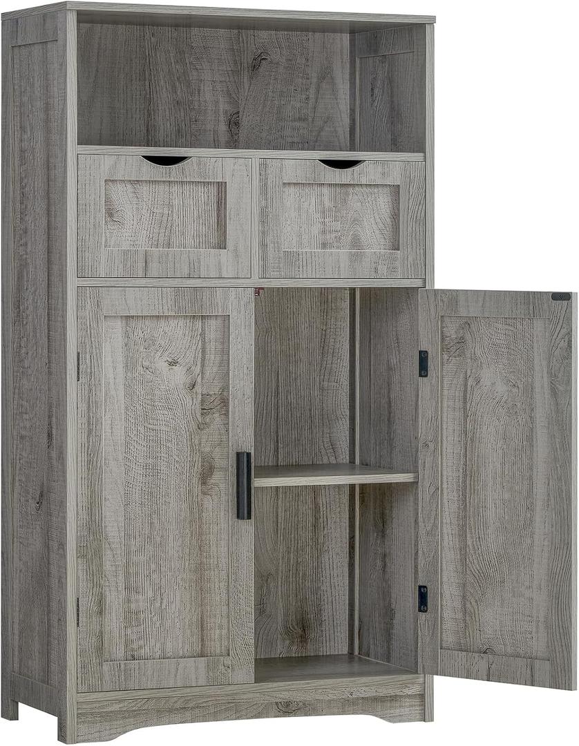 Iwell Storage Cabinet with 2 Drawers & 2 Adjustable Shelves, Kitchen Cabinet, Cupboard, for Living Room, Kitchen, Entryway, Home Office, Grey, 42.5"H