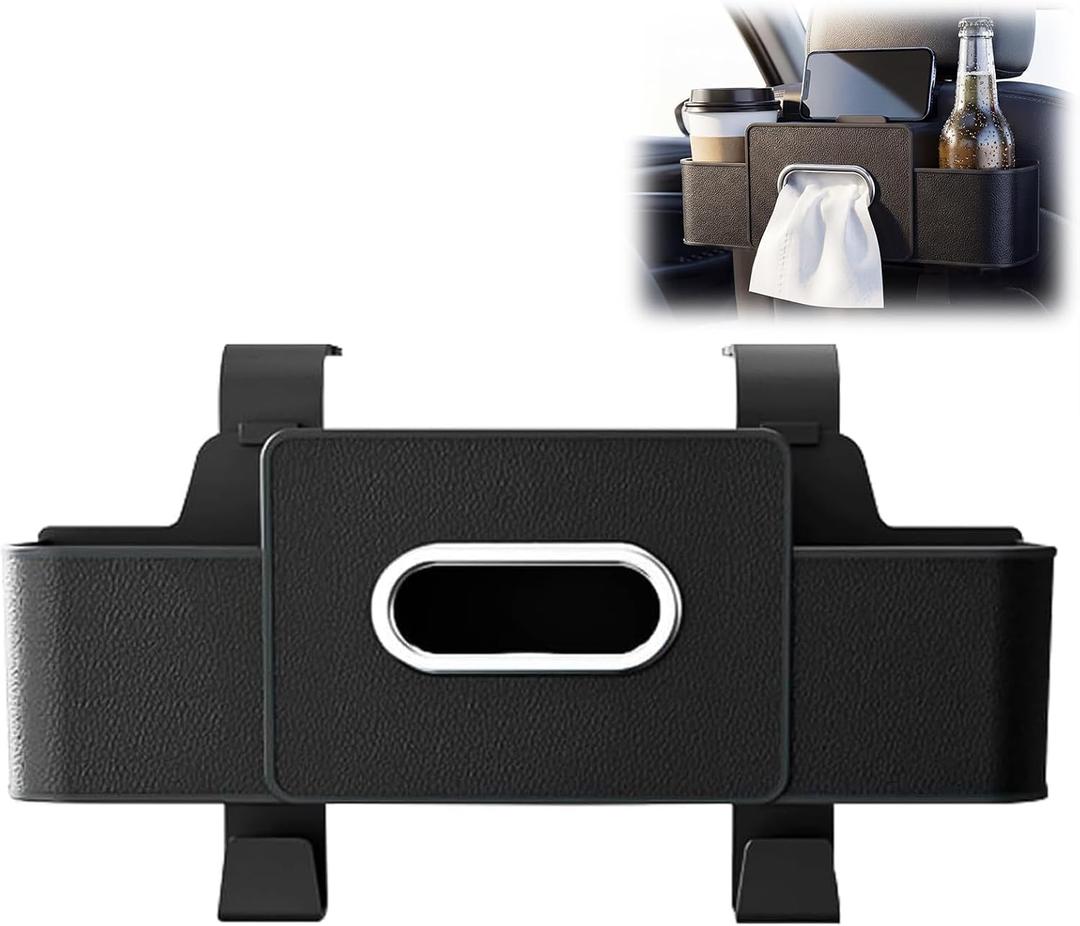 3-in-1 Car Backseat Organizer with Cup Holder, Tissue Box, Trash Bin & Hooks, Car Organizers and Storage Box Behind Seat, for Hold Phones, Snacks, Drinks, and Handbags (Black)