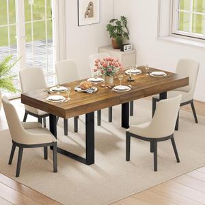 63"-78.7" Expandable Dining Table, 6-8 Extendable Dining Table, Rectangle Conference Table, Farmhouse Kitchen Table with Slide Track, Tapered U-Shaped Wood Legs for Office, Living Room-Brown