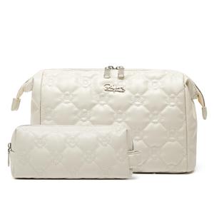 BOYATU Travel Makeup Bag Cosmetic Pouch: 2 Pcs Set Waterproof Vegan Leather Cosmetic Bags for Women - Cute Quilted Skincare Make up Toiletry Bag for Girl (05-White)