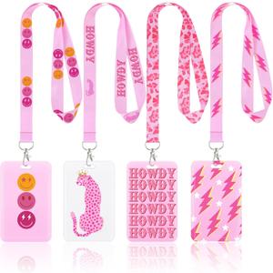 Lincia 4 Pack Preppy ID Badge Holder with Lanyard Preppy Lanyard with Clip Clasp Hard Card Case Pink Back to School Supplies Cool for School Decor for Women Girls Students Teachers Nurse Office Worker