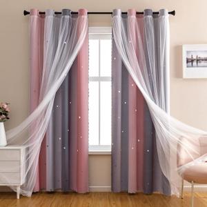 XiDi Dream Star Blackout Curtains for Kids Rooms Girl Princess Curtain for Daughter Bedroom Window (Pink Grey, W34 X L72)