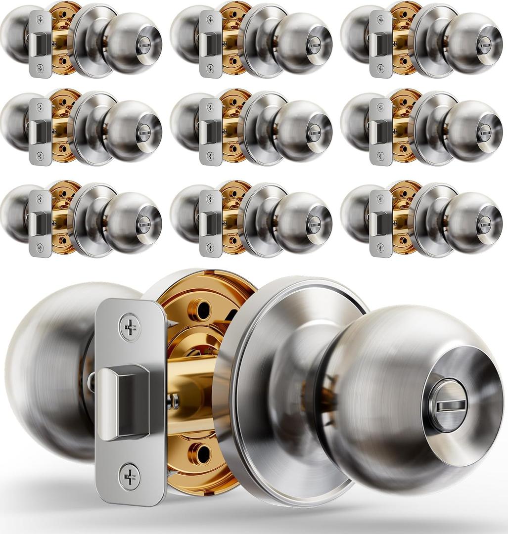 Veise Interior Door Knob 10-Pack, Keyless Privacy Door Locks for Bedroom & Bathroom, Thumb Lock & Emergency Release, Rust-Proof Metal, Easy to Install, Modern Round Doorknobs Set, Brushed Nickel