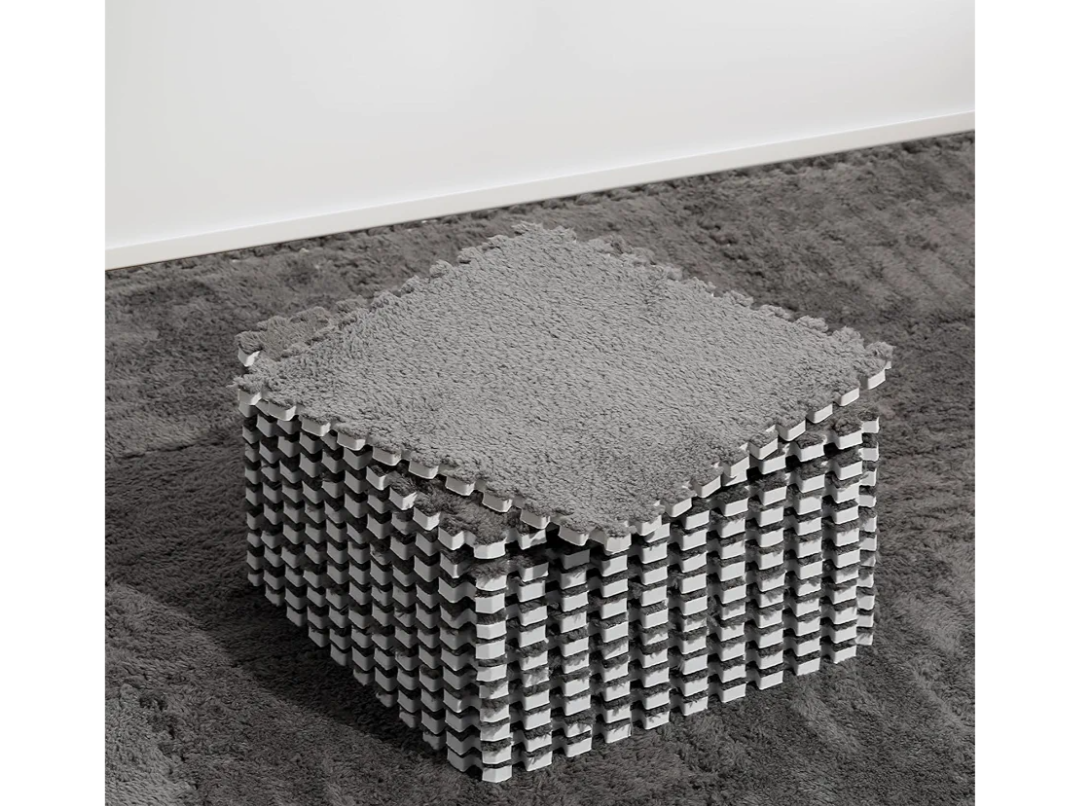 12 Pcs Plush Interlocking Carpet Tiles, Non-Toxic Shaggy Foam Carpet Tiles for Toddler Baby, Anti-Slip, EVA Foam Interlocking Tiles for Floor, Nursery, Playroom, Grey