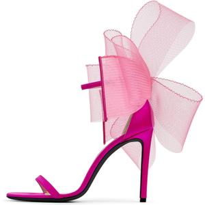Coutgo Women's Bow Heels Open Toe Stiletto Heels One Strap Party Summer High Heeled Sandals Asymmetric Non-Removable Bow Knot (9.5, Hot Pink)