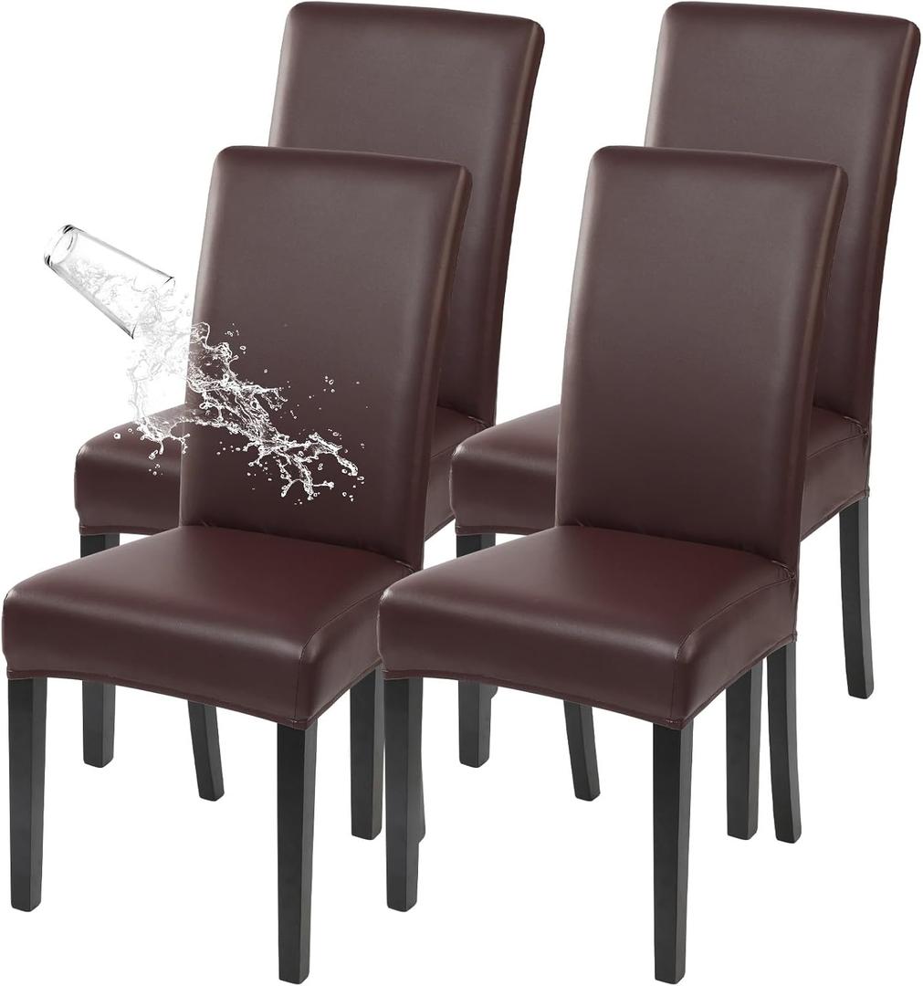 SearchI Waterproof PU Leather Dining Chair Covers Set of 4, Stretch Oilproof Parsons Chair Slipcovers Removable Washable Kitchen Chair Protector for Dining Room (Brown)