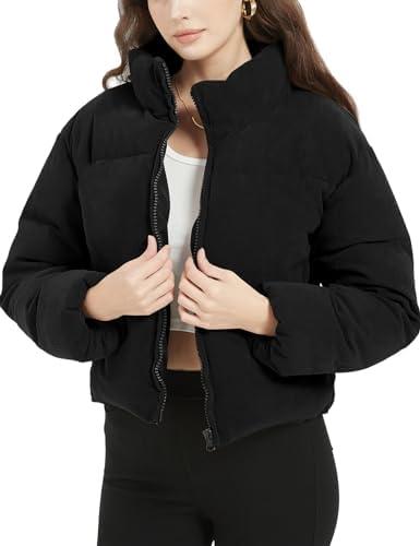 Flygo Womens Cropped Corduroy Puffer Jacket Winter Jackets Warm Long Sleeve Zip Quilted Down Puffer Coat,M