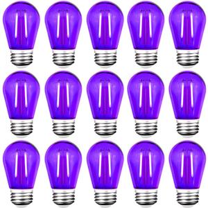 15 Pack S14 LED String Light Bulbs, Shatterproof 2 Watt Purple Replacement Bulbs for Outdoor String Light, Waterproof Decorative E26 Base Purple Filament Halloween Edison Lights, 120V