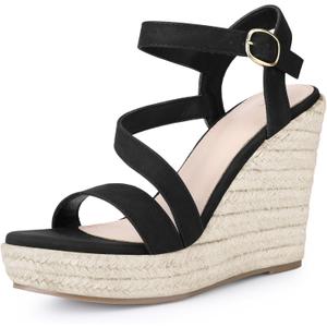 Allegra K Women's Wedges Heels Platform Strappy Ankle Strap Espadrilles Black Wedge Sandals 9 M US
