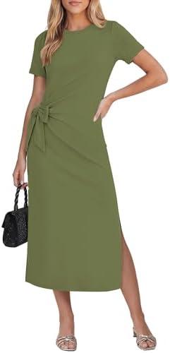 GRAPENT Long Dresses for Women Casual Summer Side Split Beach Vacation Short Sleeve Self Tie 2026 Comfy Tshirt Dress 2XL