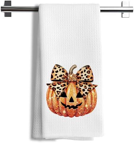 Nipil Coquette Leopard Bow Pumpkin Kitchen Towels, Halloween Pumpkin Dish Tea Towels, Preppy Fall Halloween Hand Towel for Kitchen Bathroom Decor, 16x24 Inch