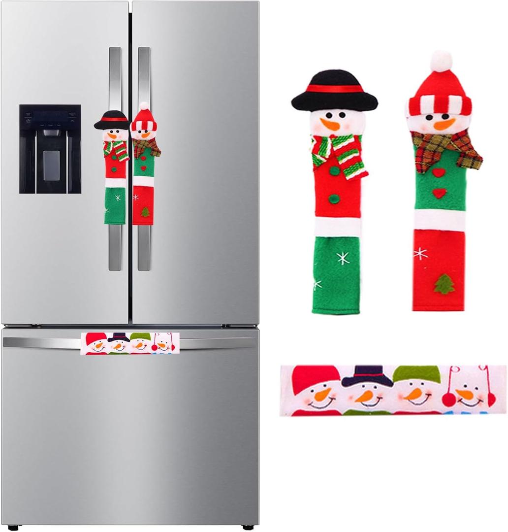Christmas Refrigerator Door Handle Covers Set of 3 - Snowman Santa Claus Appliance Handle Covers for Fridge, Microwave Oven or Dishwasher