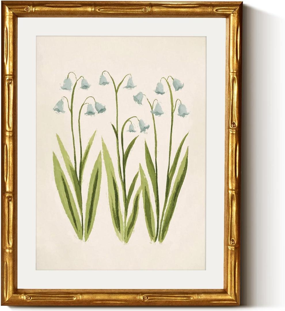 Classic Lily of the Valley Flower Canvas Print Gold Bamboo Textured Frame and White Mat, 11x14 Acrylic Panel Protection Framed Botanical Illustration Artwork, Farmhouse Modern Bedroom Decor