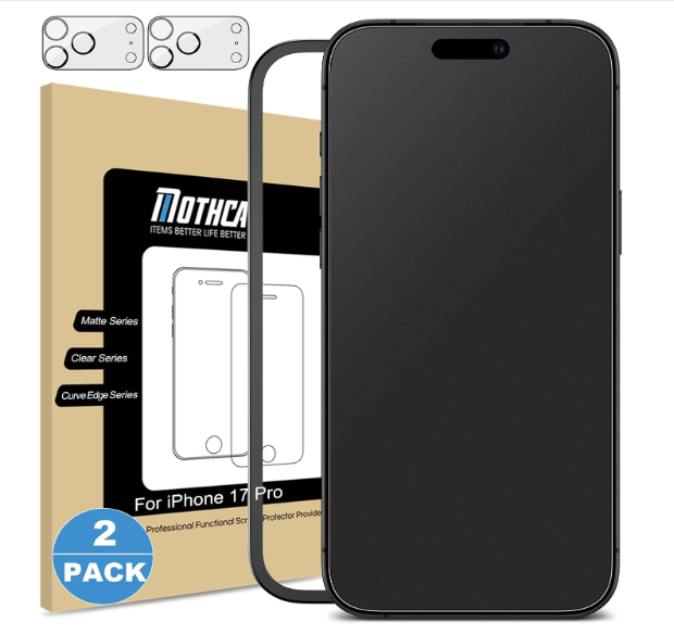 Mothca 2 Pack Matte Glass Screen Protector for iPhone 17 Pro [6.3 inch] + 2 Pack Camera Lens Protector, AntiGlare & AntiFingerprint Tempered Glass (Not Privacy Film) Bubble Free, Smooth as Silk