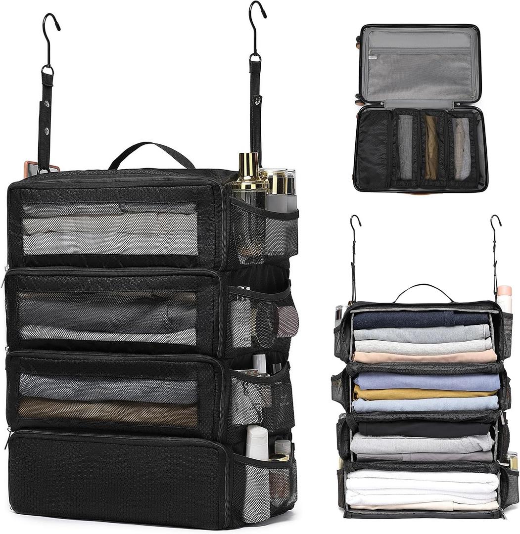 ToMiss Hanging Suitcase Organizer, Travel Essentials Carry-on Collapsible Packing Cubes for Travel, Stow-N-Go Portable Hanging Closet Organizer Shelves Luggage Bag, Medium, Black