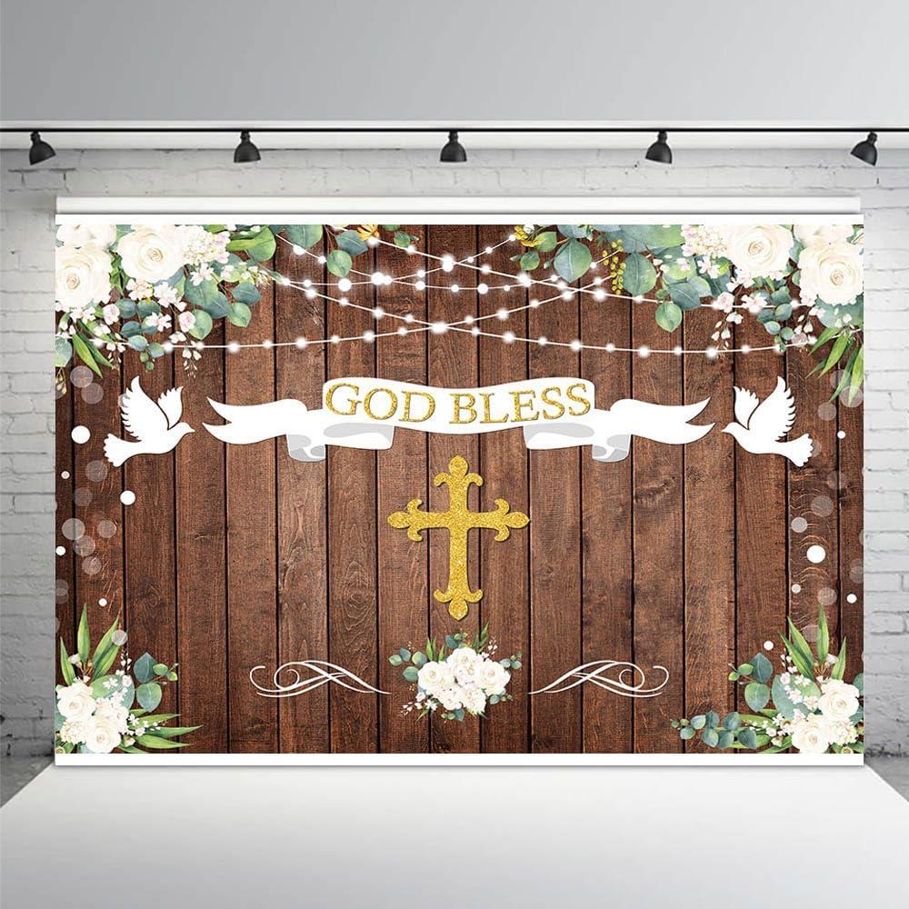 7x5ft God Bless Baptism Backdrop First Holy Communion Party Decorations Newborn Baby Shower Banner Rustic Wood White Floral Ribbon Photography Background Decor Supplies