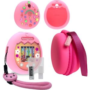 JCHPINE Hard Carrying Case and Silicone Cover Compatible with Tamagotchi Pix Interactive Virtual Pet Game Machine, Screen Film Protector for Tamagotchi Pix Accessories (Pink)