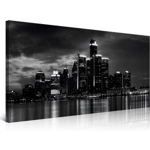 NAN Wind Detroit Skyline Canvas Wall Art Cityscape Night Scene Black & White City Art Print on Canvas Modern Giclee Framed Painting for Room Decor Home Decor Detroit Skyline Picture Prints  20" x 40"