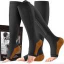 cerpite Zipper Compression Socks - 2 Pairs Open Toe Compression Stockings for Men Women 15-20mmHg,Suit for Running, Sport (Large-X-Large, Black Copper)