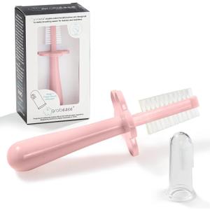 grabease Double-Sided Finger Toothbrush - Promotes Independent Brushing & Toddler Toothbrush - Recyclable Silicone Baby Brush - Finger Brush for Gum Massage - 12 Months & Up, Blush, Pack of 1