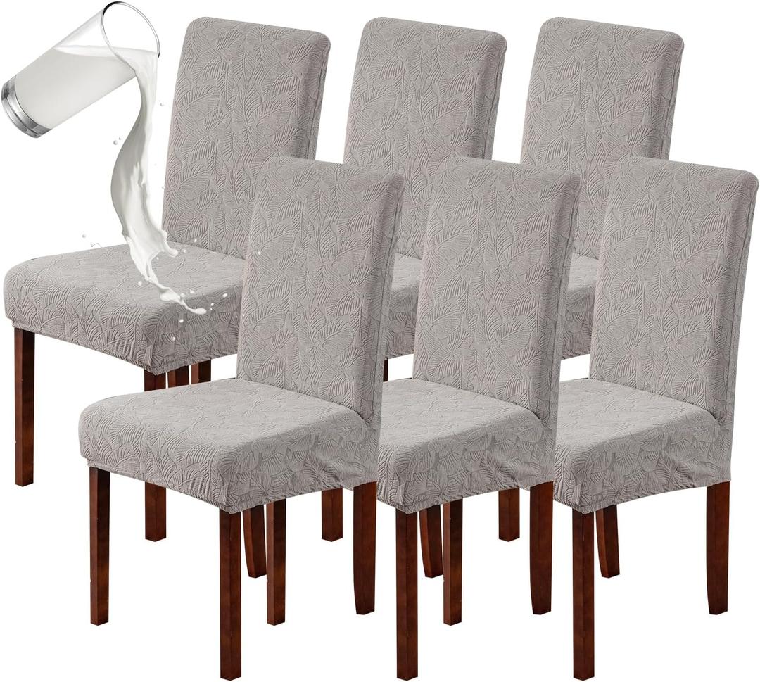 Genina 100% Waterproof Dining Room Chair Covers Set of 6 Stretch Kitchen Chair Covers Parsons Chair Slipcovers for Dining Room Chair Protector Cover, Removable, Washable (Leaf Pattern-Warm Gray)