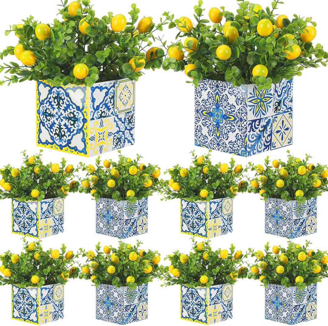 Giegxin Blue Tiles Lemon Table Centerpiece Decor Amalfi Coast Box Decorations with Artificial Lemon Branches for Capri Mediterranean Positano Wedding Birthday Party Decor(4 Sets)