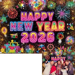 2026 Happy New Year Neon Backdrop 2026 New Years Eve Photography Background NYE Colorful Firework Year's Eve Party Decorations Banner Booth Props (7x5FT(2.1m x 1.5m))