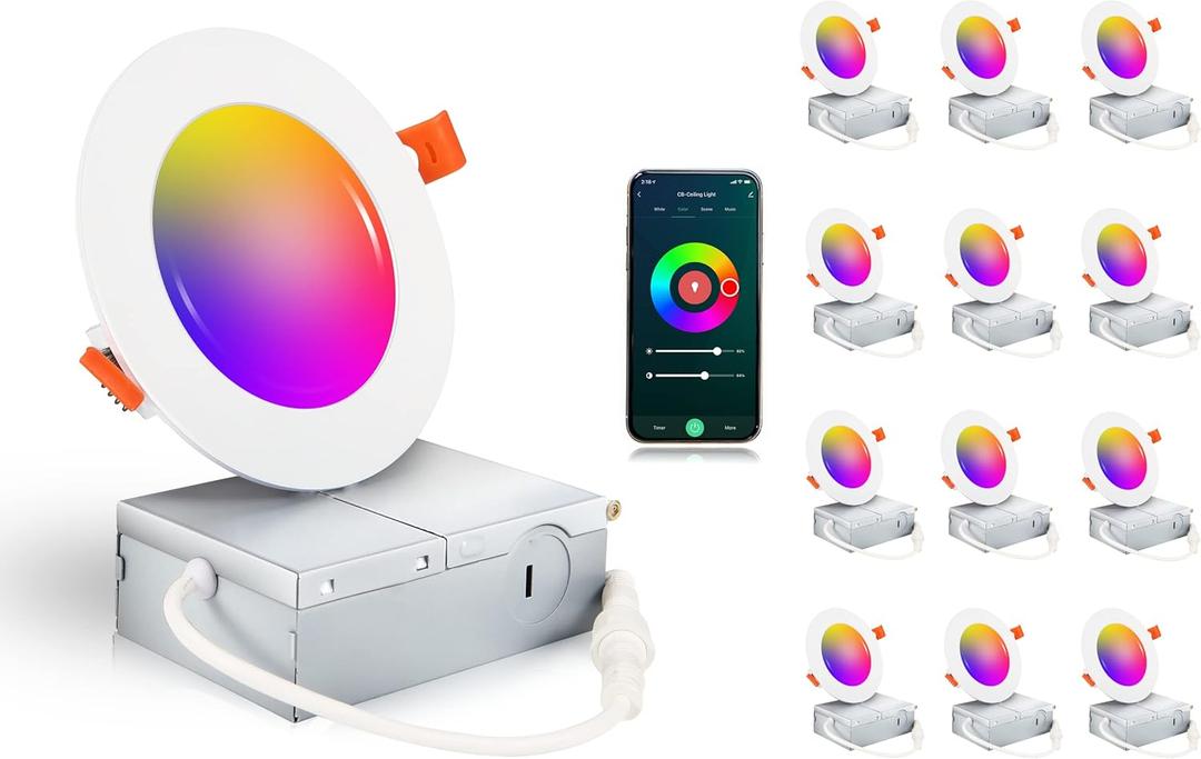 CLOUDY BAY [12 Pack] 4inch Smart WiFi LED Recessed Lighting,RGBCW Color Changing, Compatible with Alexa and Google Home Assistant, No Hub Required,10W 650LM, 2700K-6500K,CRI90+ Wet Location,12 Pack