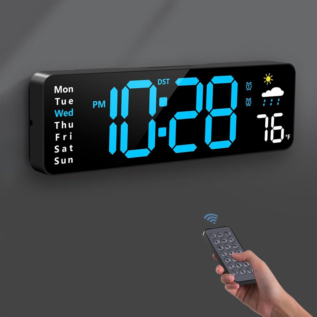 Digital Wall Clock, Digital Clock Large Display with Remote Control, Corded LED Alarm Clocks with Date, Week, Temp, Humidity, Auto DST, Countdown, for Living Room Bedroom Classroom Office (Blue)