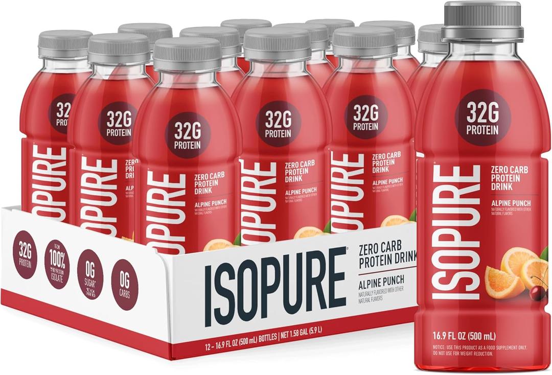 Isopure Zero Carb 32g Clear Protein Ready-to-Drink, Whey Protein Isolate, Alpine Punch, 12 Pack (Packaging May Vary) (EXP 08/12/26)