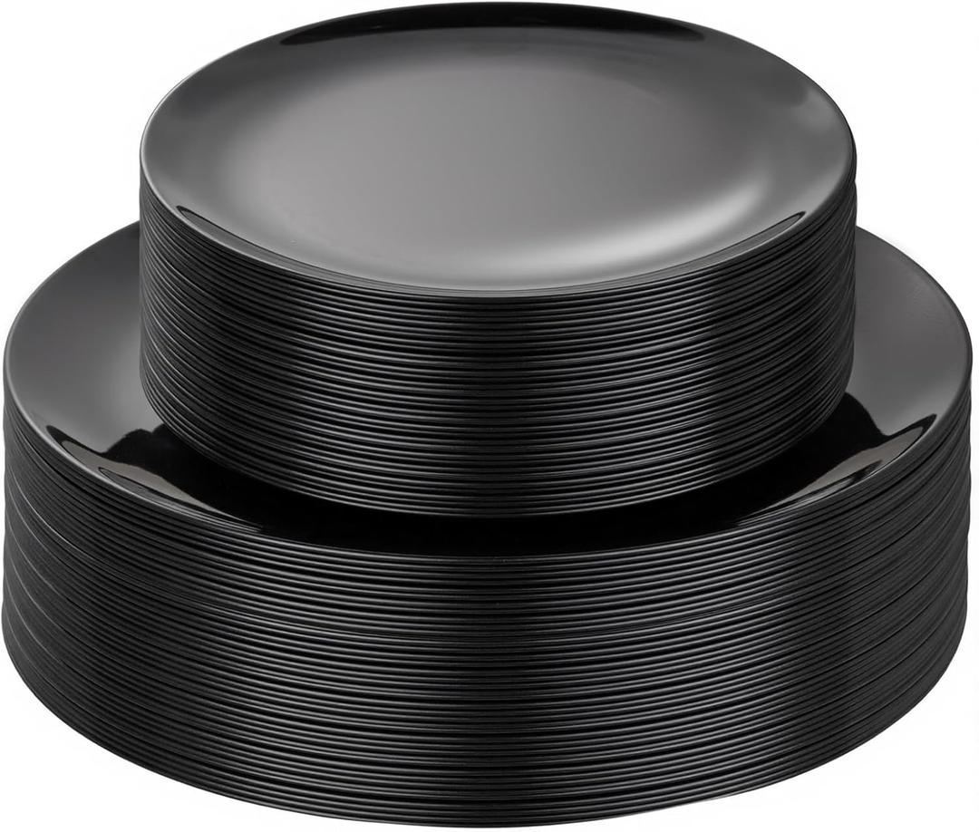 PULOTE 60 PCS Black Plastic Plates - Include 30 Dinner and 30 Dessert Plates, Black Disposable for Party,Birthday & New Year