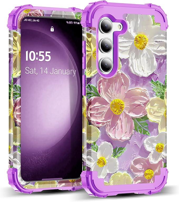 for Galaxy S23 Plus Case,3 in 1 Oil Painting Flower Pattern Heavy Duty Shockproof Protection Silicone Rubber Bumper+Hard Plastic Protective Cover for Samsung S23 Plus 6.6",Purple/Pink