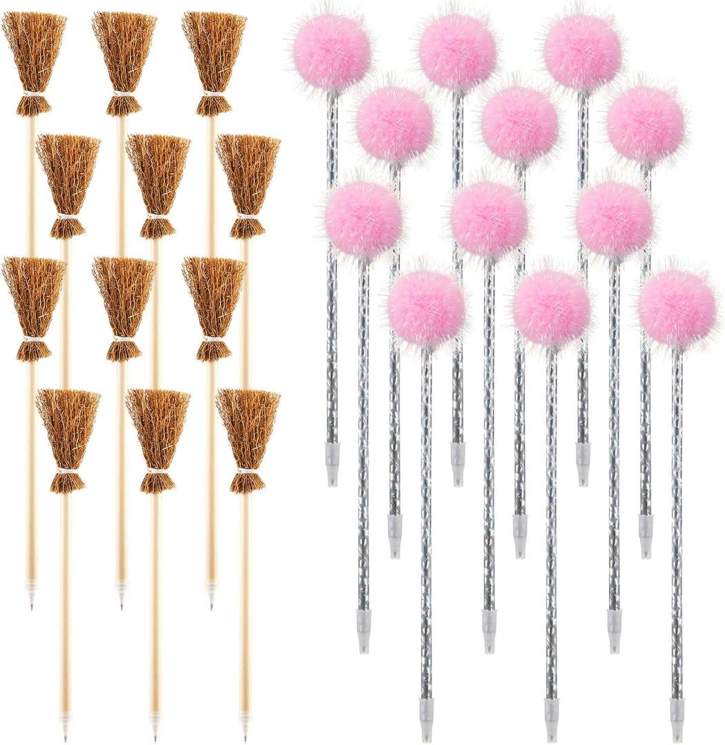 2 x 24 Pcs Witch Party Favors Include 12 Witch Broom and 12 Pink Pom Pom Ballpoint Goodie Bags Stuffer Broom Wands for Wizard Halloween Party Decorations Gifts (Creative)