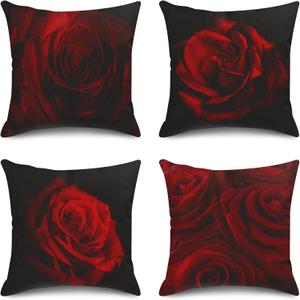 Sanwarm Throw Pillow Covers Home Decor Set of 4 Pillow Cases Decorative 18 x 18 Inches Cushion Couch Sofa Pillowcases Red Rose Flower Black Beauty Bloom