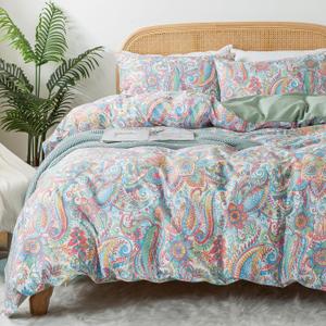 Zusbest Pink Green Duvet Cover Set King Size 100% Percale Cotton Paisley Comforter Cover Floral Printed Watercolor Bedding Luxury Crisp Soft Reversible Colorful Bedding 3Pcs, King