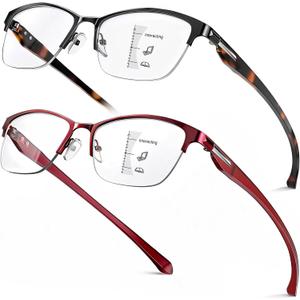 SKYOAK 2 Pack Stylish Progressive Reading Glasses for Women, Metal Half Frame Fashion Anti UV400/Eye Strain Computer Readers, Cat Eye Modern Design Ladies No-Line Multifocal Eyeglasses, +2.0